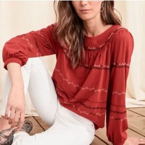 Garnet Hill Burnt Orange Boxy Dahlia Embroidered Knit Long Sleeve Top Size Large